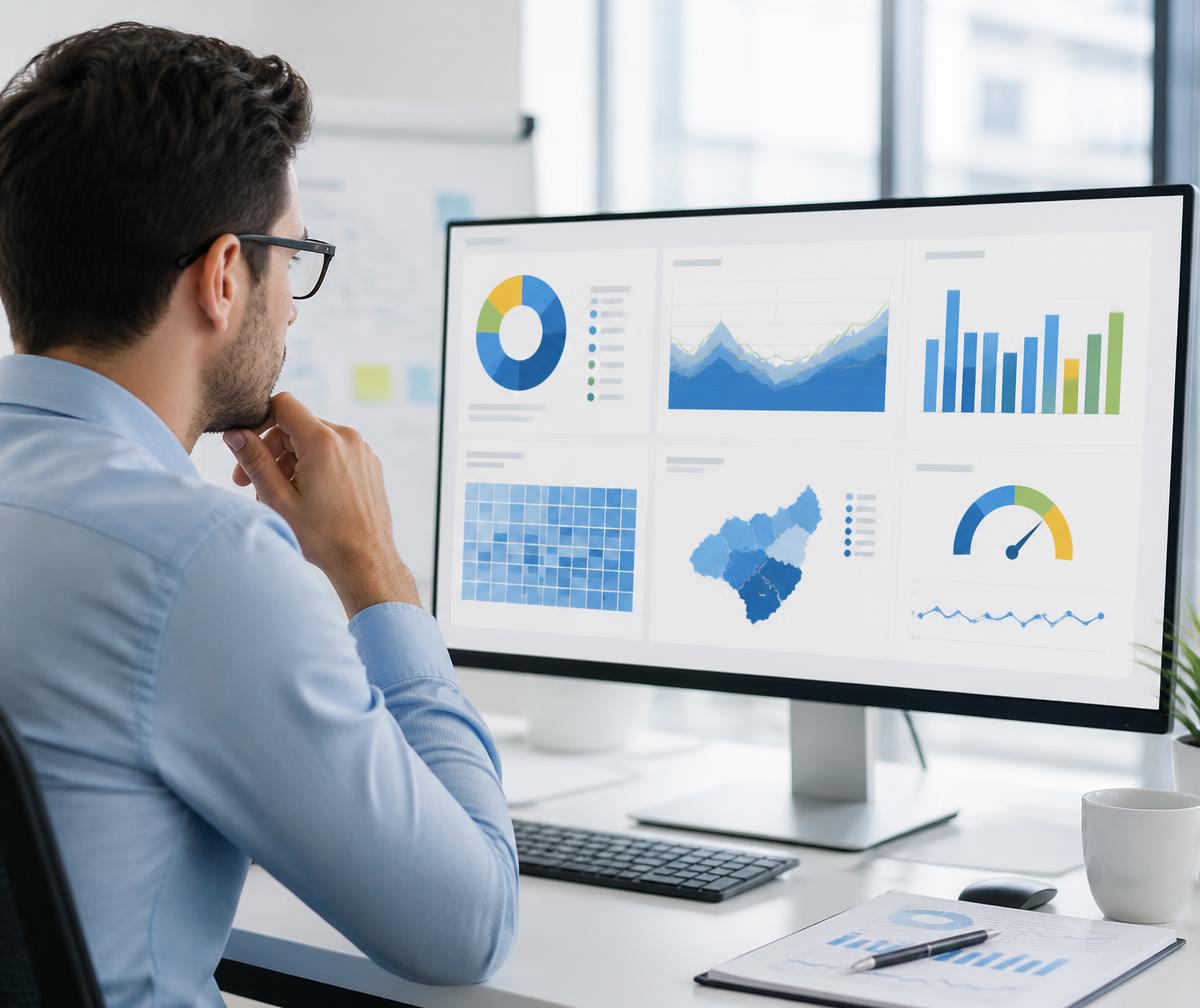 Painel de inteligência de crédito com score e indicadores em um notebook